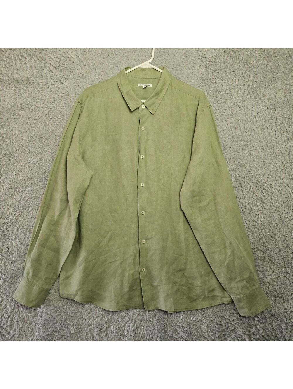 BANKS JOURNAL Linen Shirt Men XL 100% Linen Green Long Sleeve *Pinhole